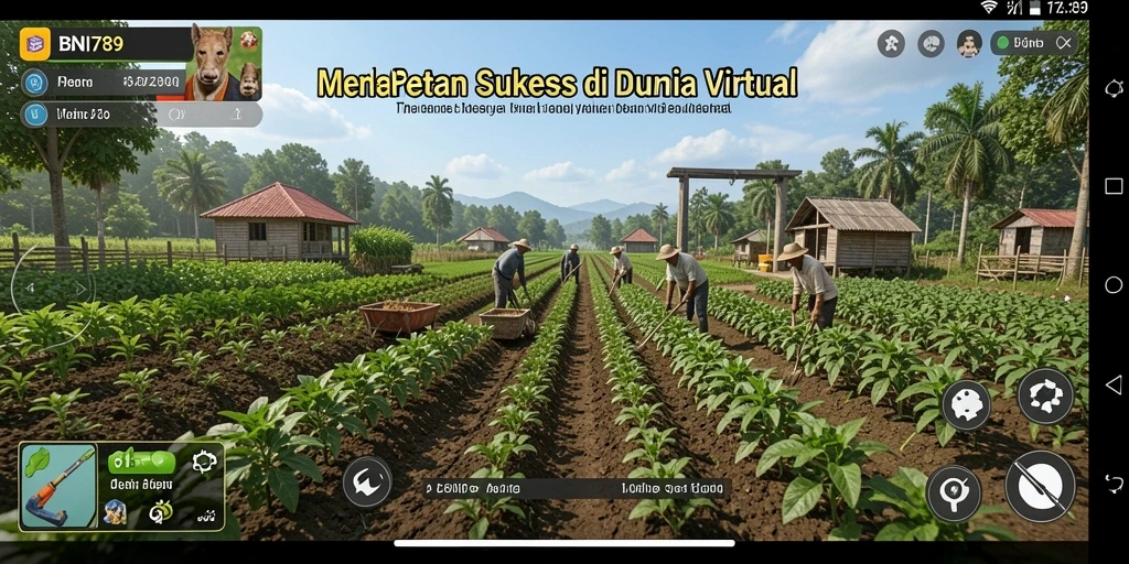 Tangkapan layar gameplay BNI789 yang menampilkan petani sedang merawat tanaman.