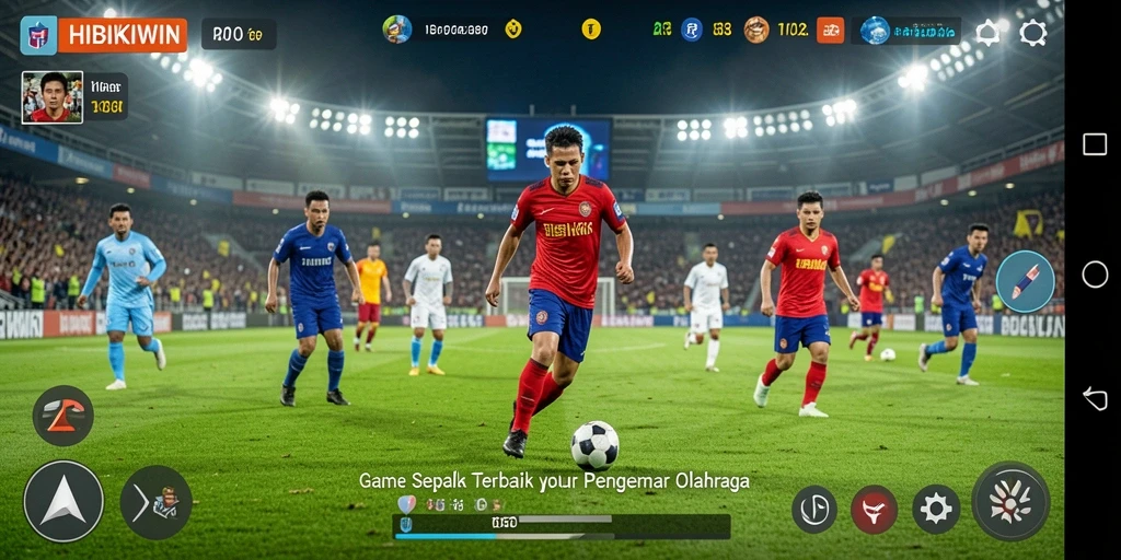 Screenshot gameplay HIBIKIWIN menunjukkan pertandingan sepak bola yang seru dan mendebarkan.